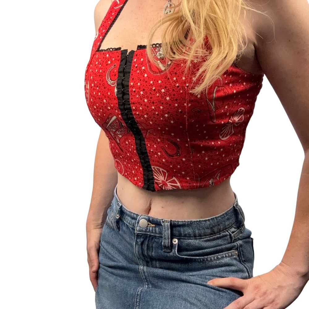 Monteau Crop Top Size M Red Linen Blend Western Cowgirl‎ Print Lace Trim Bustier